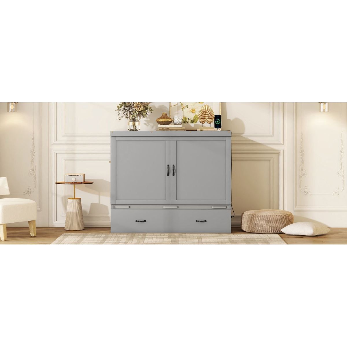 Full Size Murphy Bed with USB Port and a Large Drawer, Gray