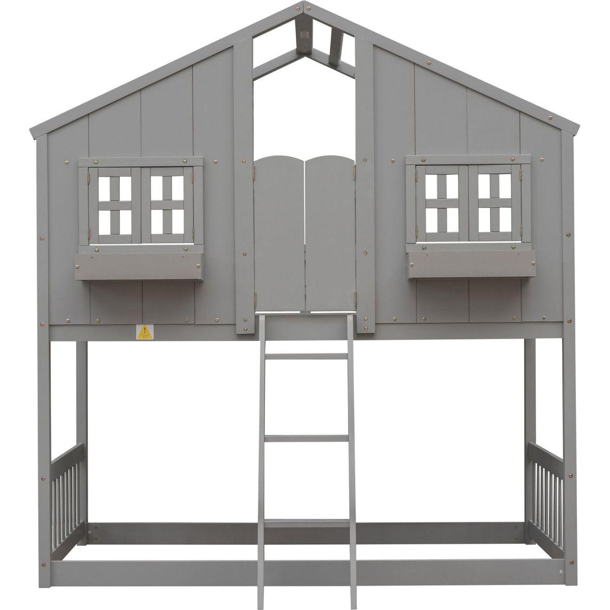 Twin over Twin House Bunk Bed with Roof, Window, Window Box, Door, with Safety Guardrails and Ladder, Grey