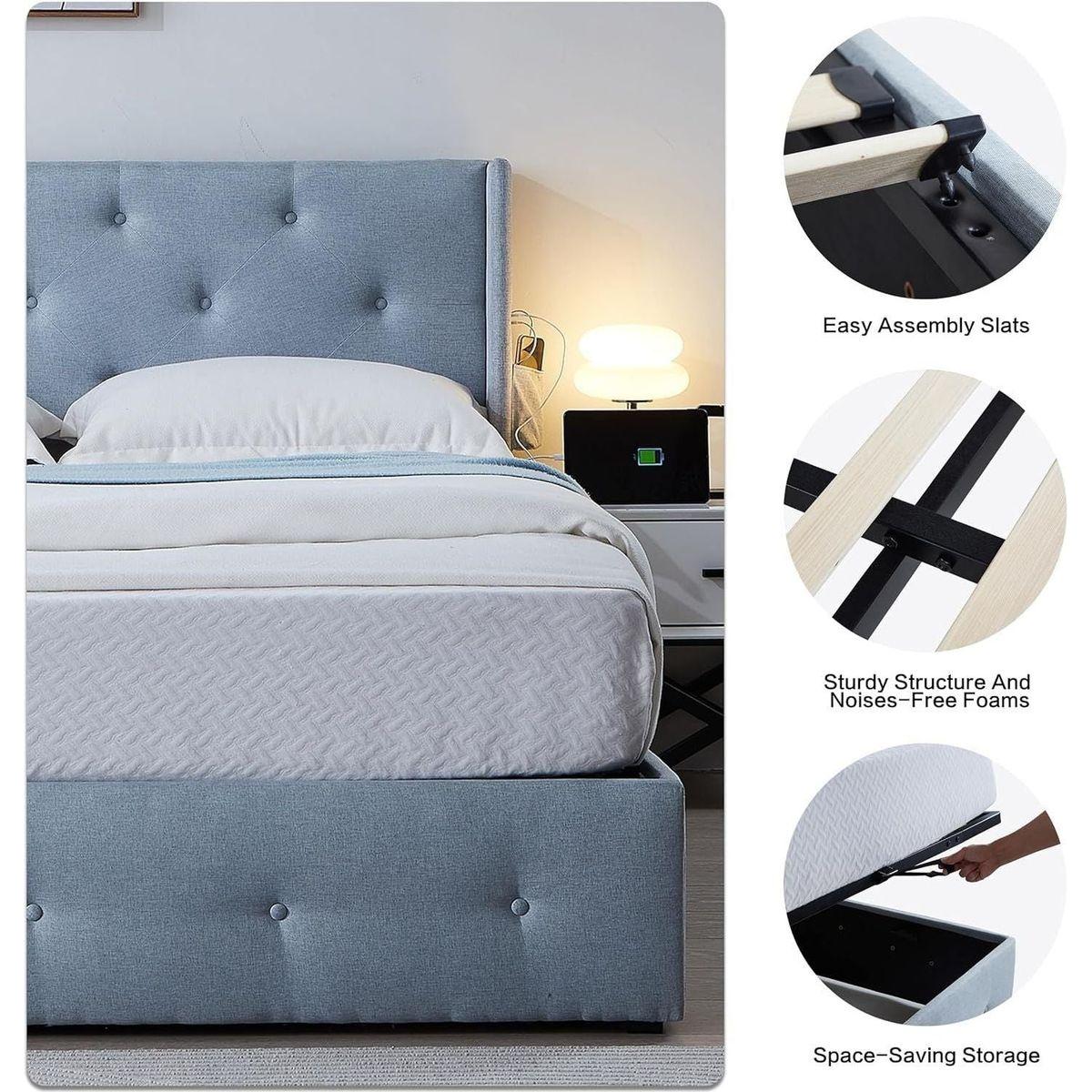 Queen Size Bed Frame with Storage - Lift Up Storage Bed with Modern Wingback Headboard, USB Ports