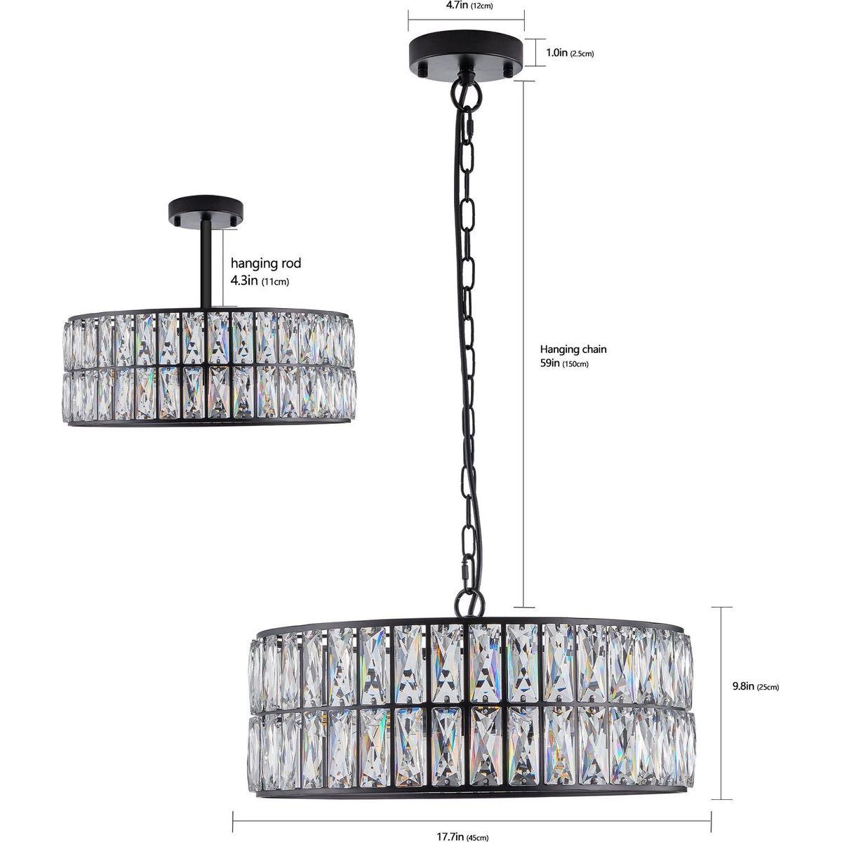 Modern Crystal Drum Chandelier, 6-Light Pendant Lighting Fixture with Black Metal Frame for Living Room, Dining Room, and Bedroom (Bulbs Not Included)