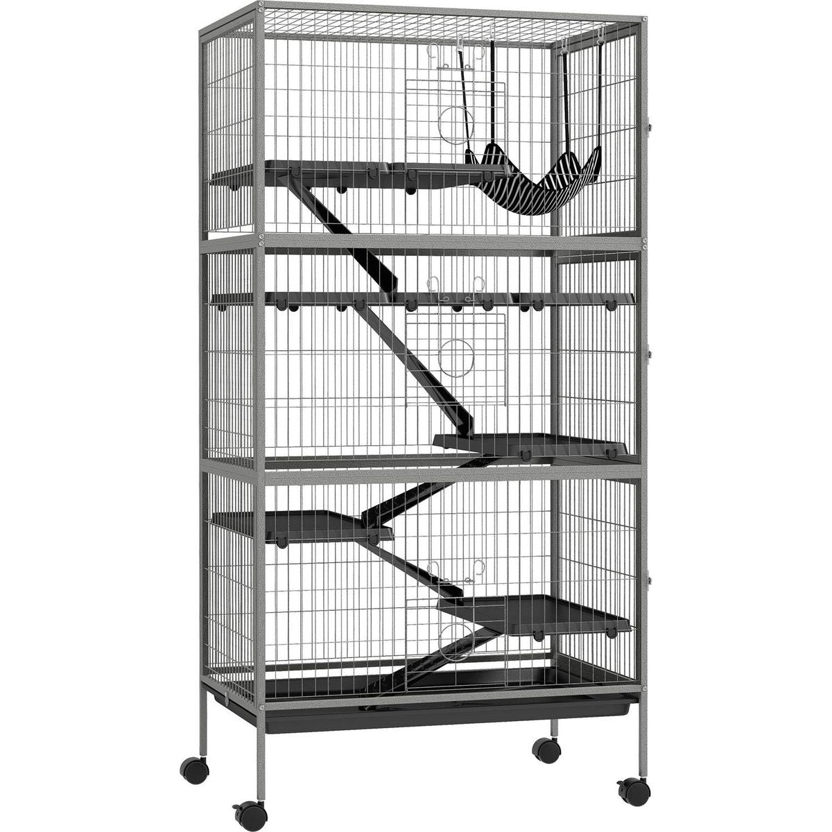 63" 6-Tier Small Animal Cage, Ferret Cage, Large Chinchilla Cage with Hammock Accessory & Heavy-Duty Steel Wire, Small Animal Habitat with 6 Doors, Removable Tray, Gray