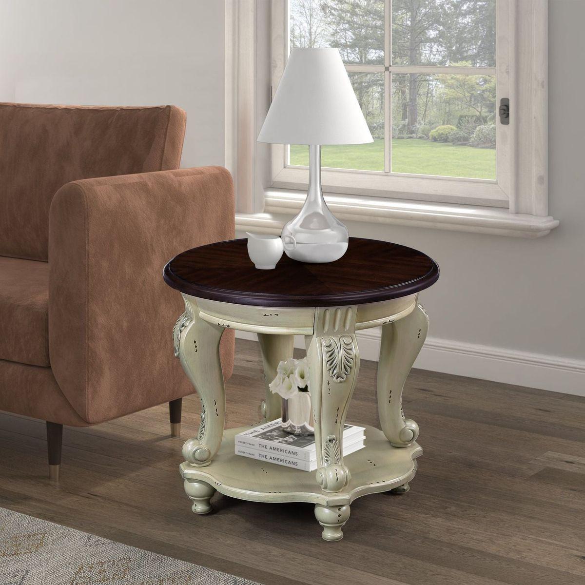 22" Two Tone Round End Table,Solid Wood Sofa Side Table with Shelf,Living Room Corner Table Easy Assemble,Beige and Espresso Top