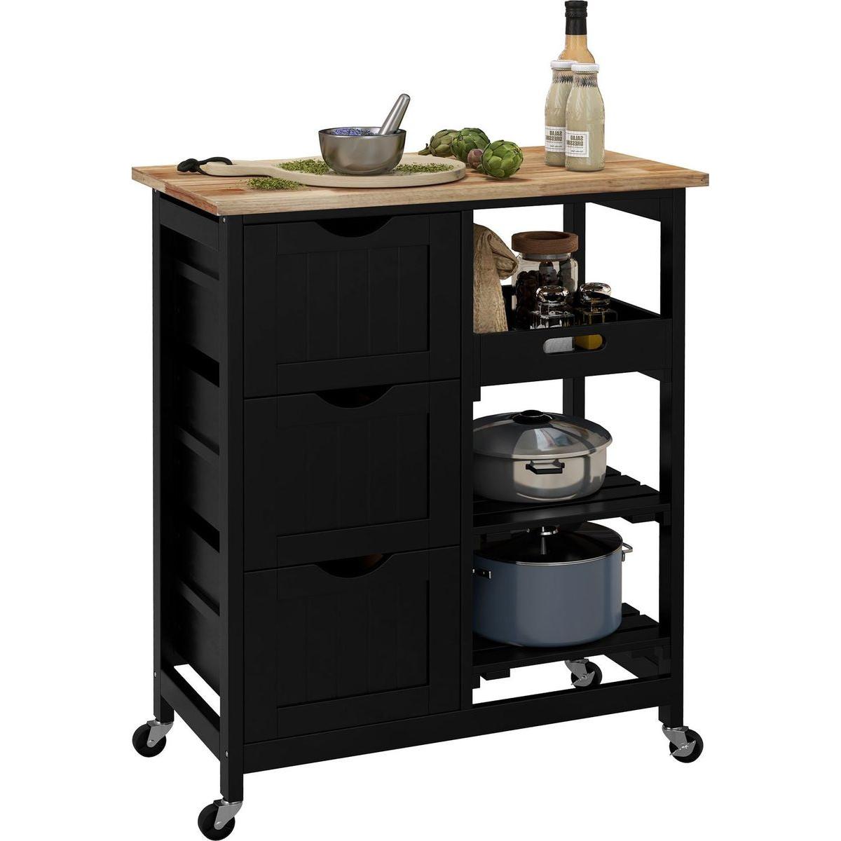 Rolling Kitchen Island Cart, Bar Serving Cart, Compact Trolley on Wheels with Wood Top, Shelves & Drawers for Home Dining Area, Black