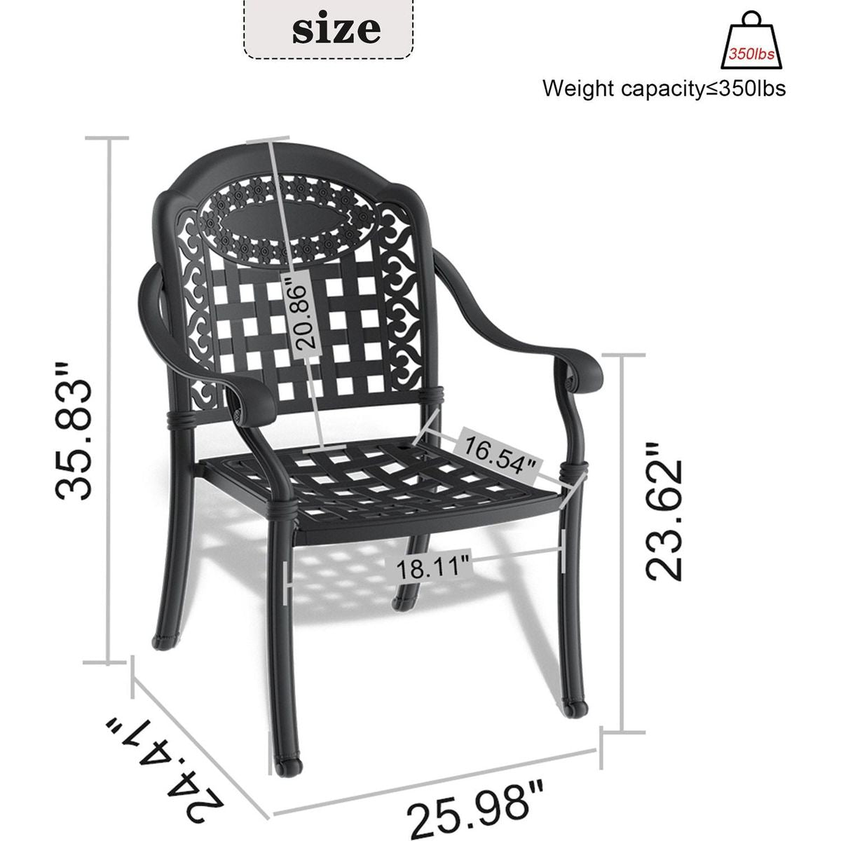 Cast Aluminum Patio Dining Chair 2PCS With Black Frame and Cushions In Random Colors