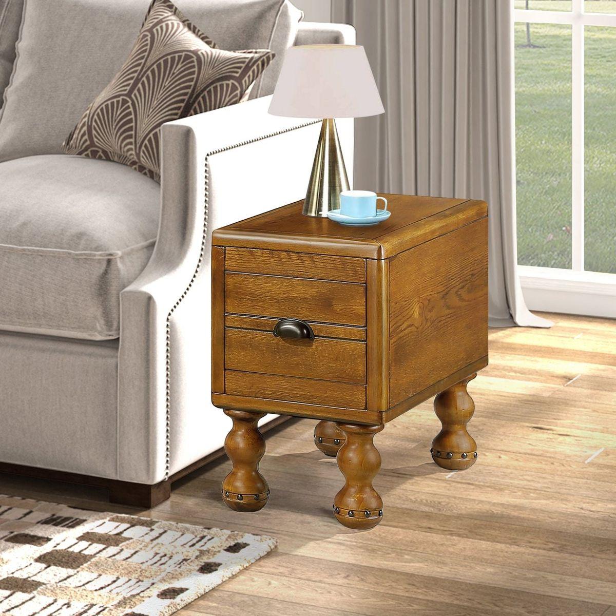 Solid Wood End Table, Rectangle 23.6 inch Narrow Side Table with Drawer, Vintage Bedside Table Nightstand for Small Spaces, Living Room, Bedroom, Easy Assembly, Espresso