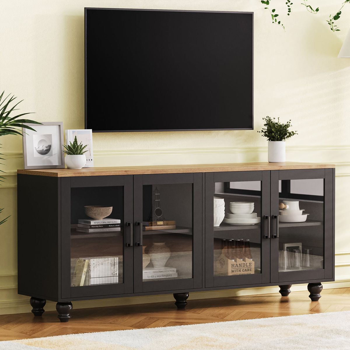ON-TREND Farmhouse TV Stand with Tempered Glass Doors for TVs Up to 70', Versatile Sideboard with Adjustable Shelves, Elegant Buffet Cabinet with 5 Solid Wood Gourd-Shaped Legs for Living Room, Black