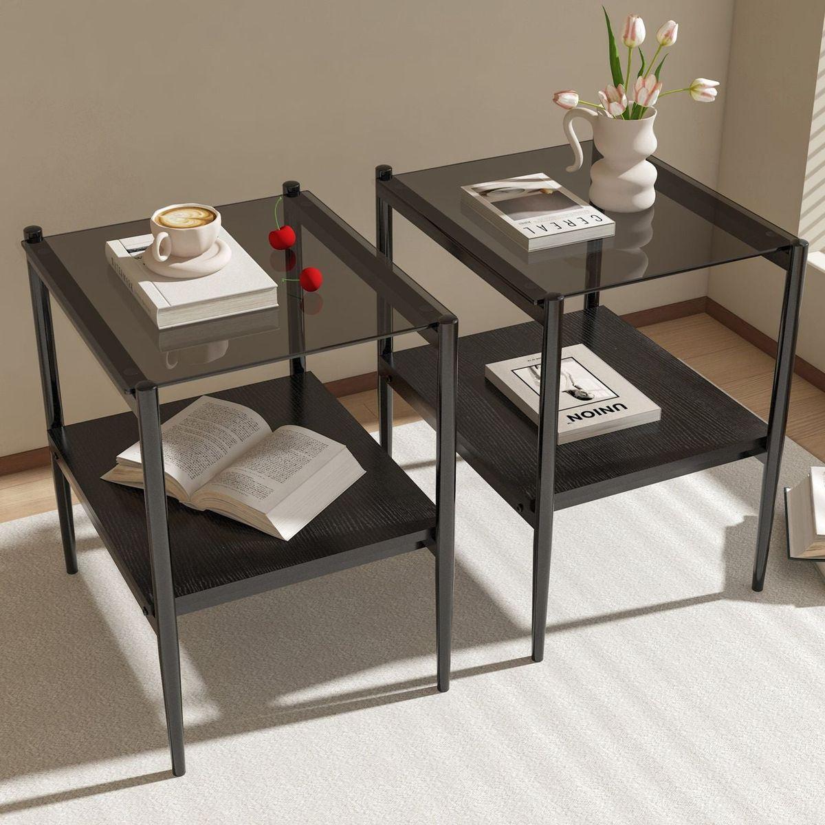 Set of 2 Rectangle End Table, Tempered Glass Tabletop with MDF layer, Modern Table for Living Room, Gray Glass