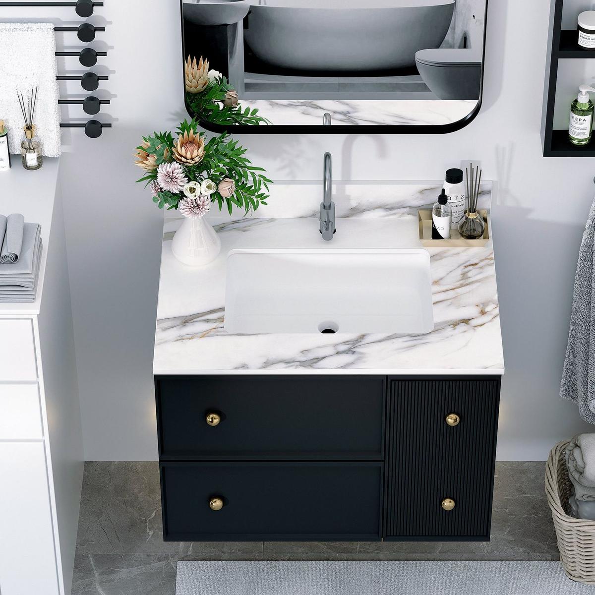 31 Inch Marble Vanity Top, Bathroom Vanity Top with Undermount Rectangular Middle Sink and 4" Height Backsplash, Pre-Drilled Faucet Hole Vanity Top, Carrara white with veins