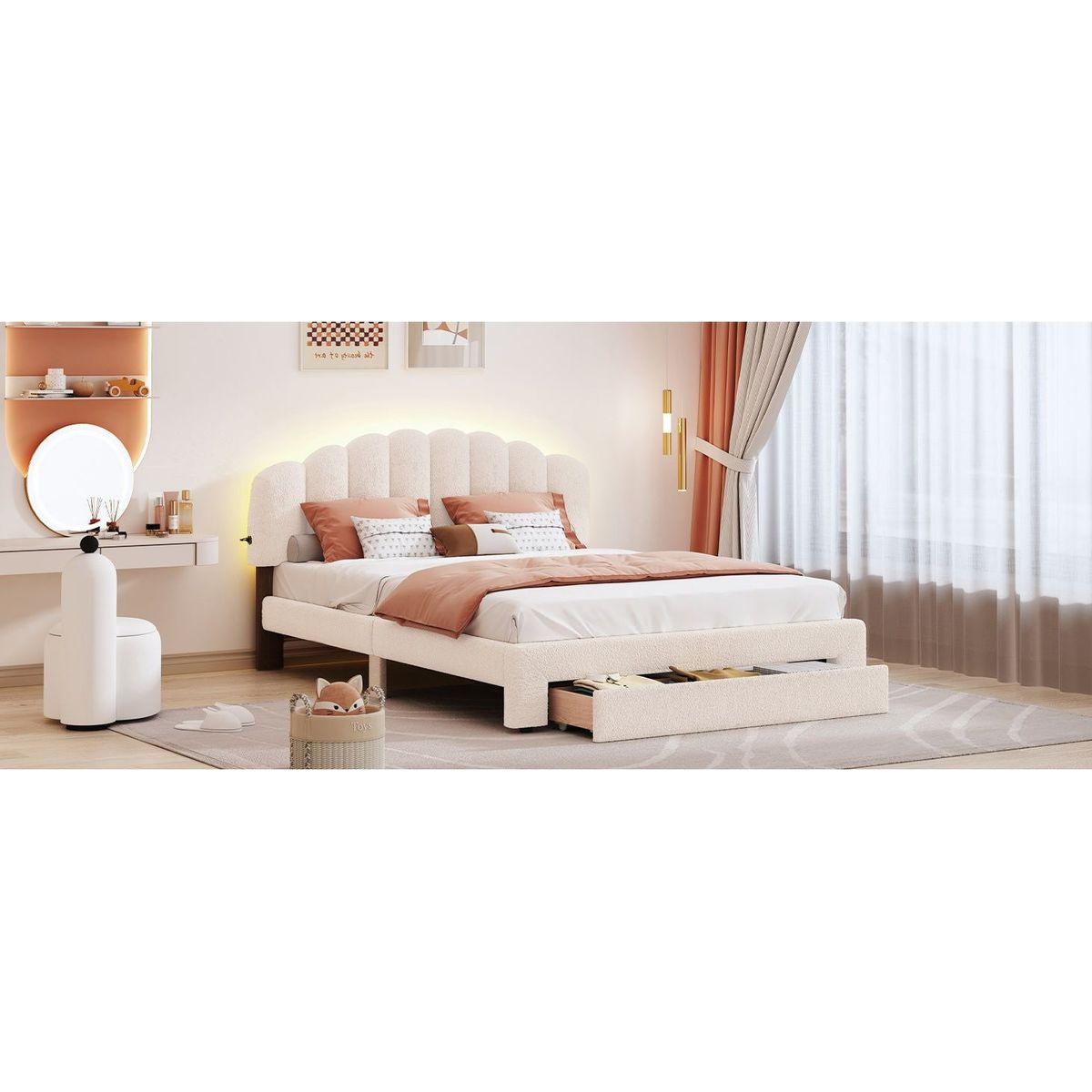 Teddy Fleece Queen Size Upholstered Platform Bed with Drawer, Beige