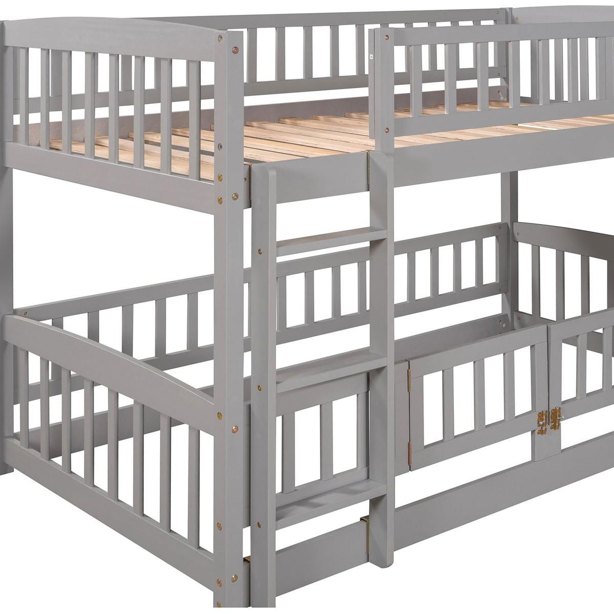 Bunk Bed with Slide,Twin Over Twin Low Bunk Bed with Fence and Ladder for Toddler Kids Teens Grey