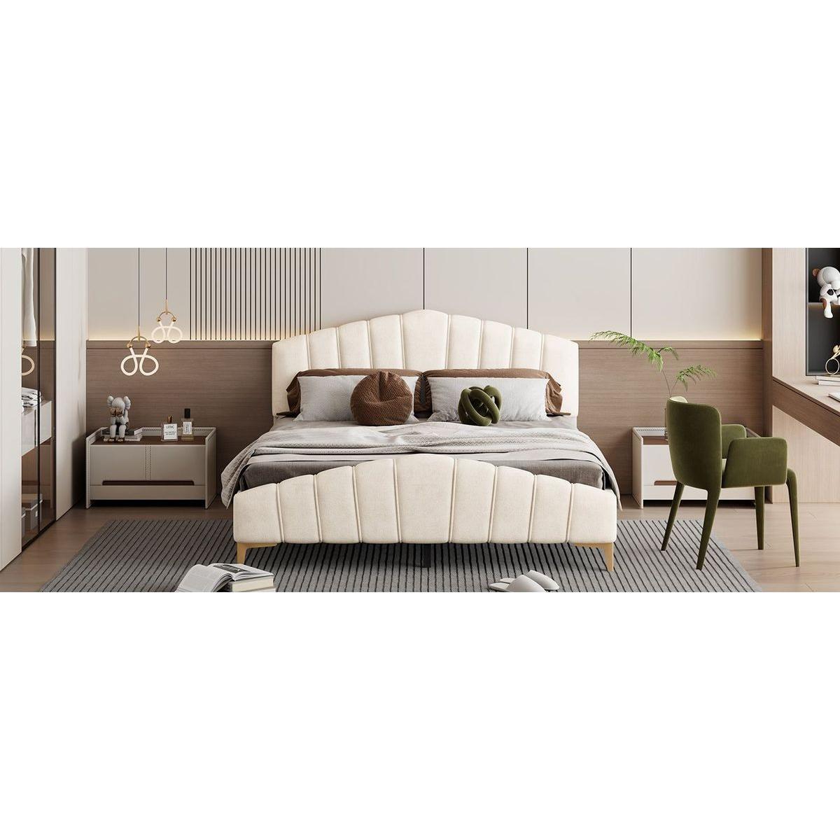 Queen Size Velvet Platform Bed with Thick Fabric, Stylish Stripe Decorated Bedboard and Elegant Metal Bed Leg, Beige