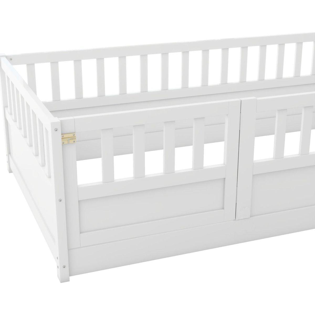 Twin Size Floor bed, integral construction with super high security barrier, door, children's floor bed frame, Montessori wooden children's floor bed, white
