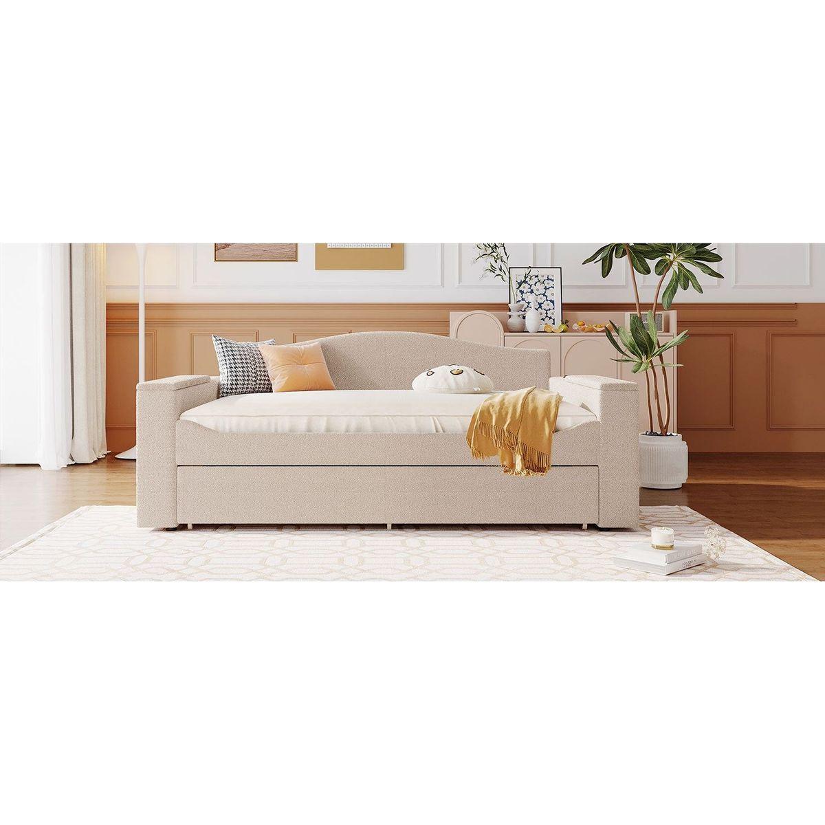 Full Size Upholstered Daybed with Storage Armrests, Trundle and Latest Integrated Bluetooth Audio System, Teddy Fleece, Beige