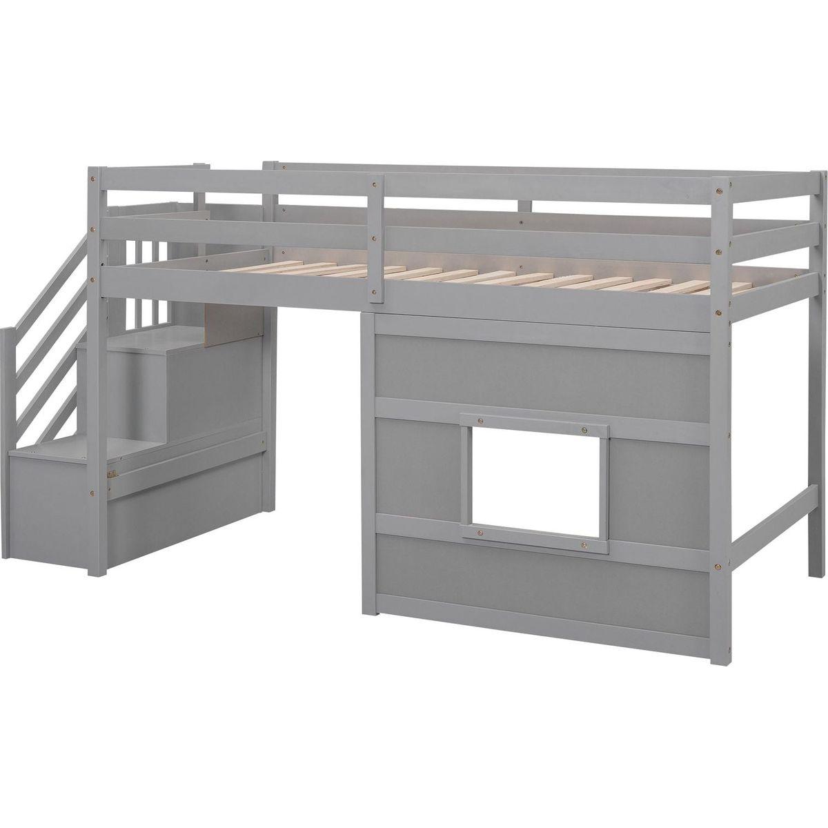 Twin Size Loft Bed with Storage Staircase and Window, Gray
