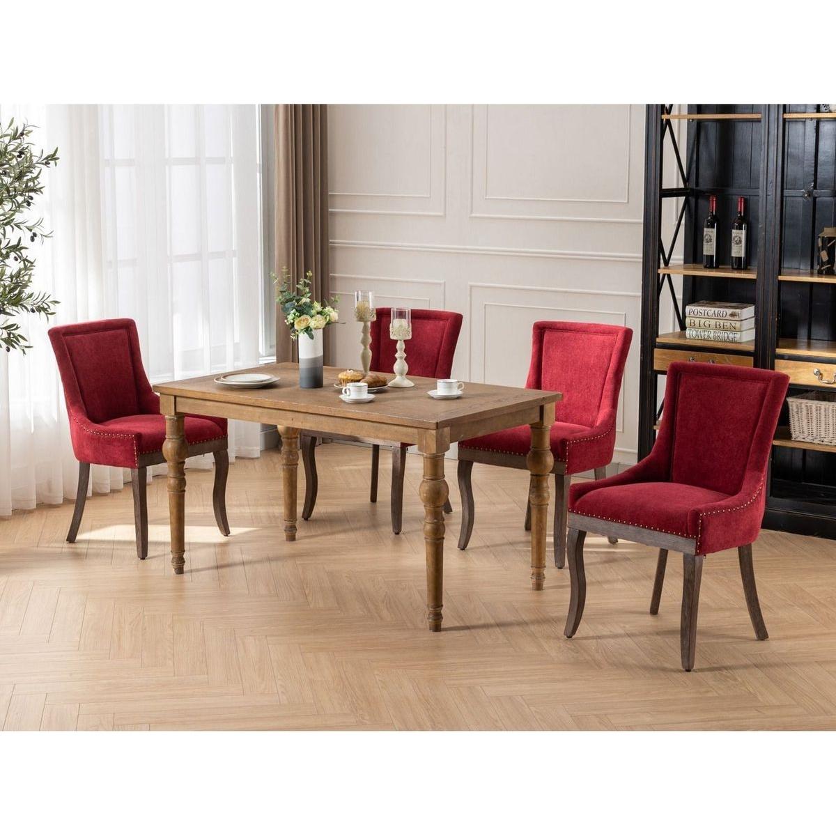 Ultra Side Dining Chair,Thickened fabric chairs with neutrally toned solid wood legs,Bronze nail head,Set of 2,Wine Red,Burgundy