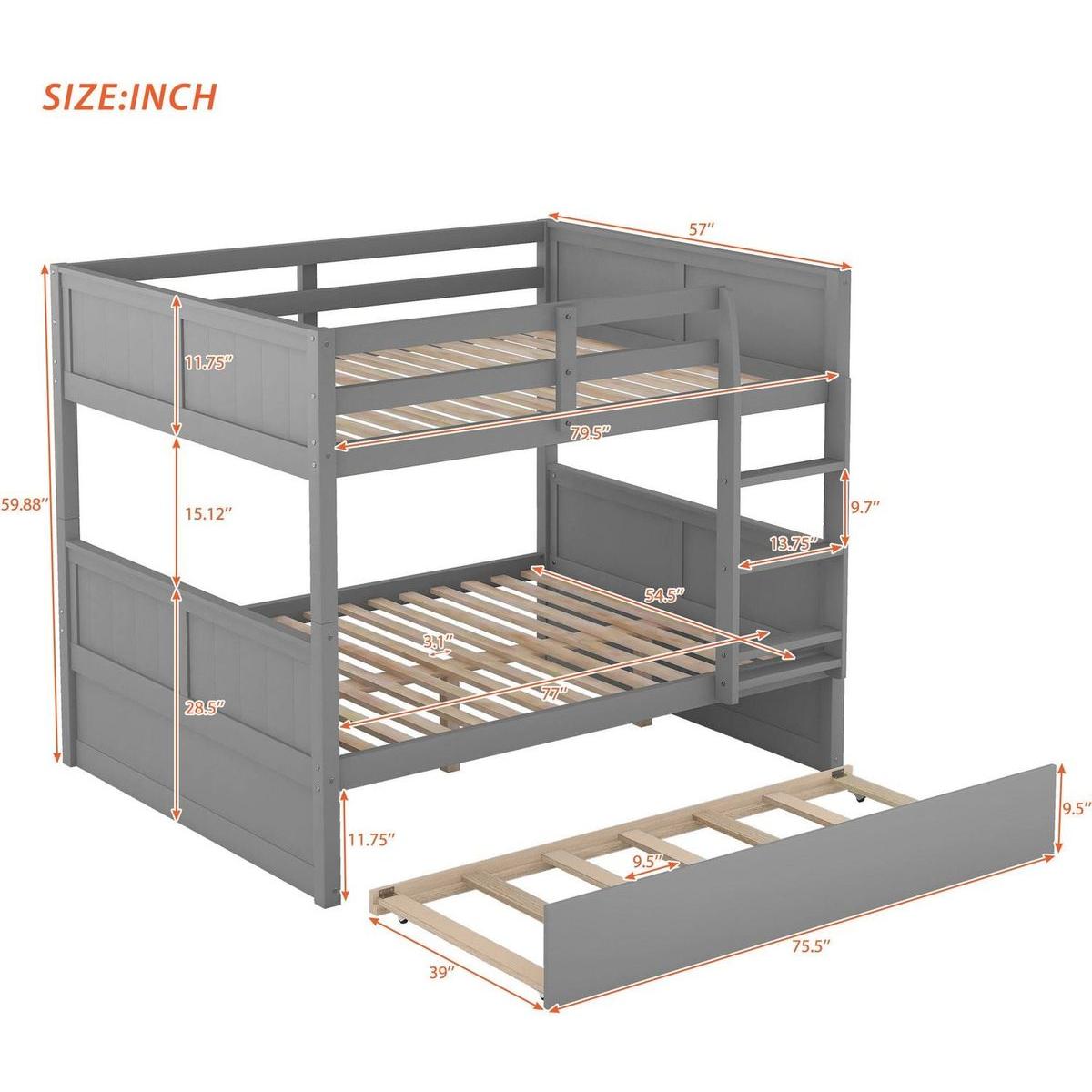 Full Over Full Bunk Bed with Twin Size Trundle, Gray