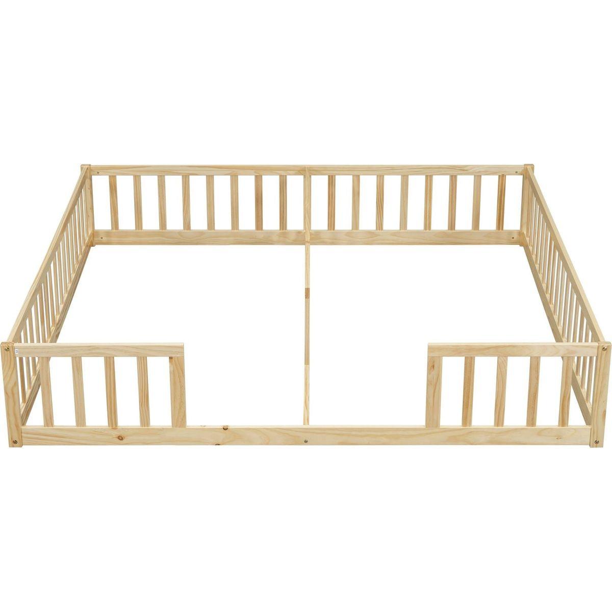 Double Twin Floor Bed with Fence, Guardrails, without door, Natural