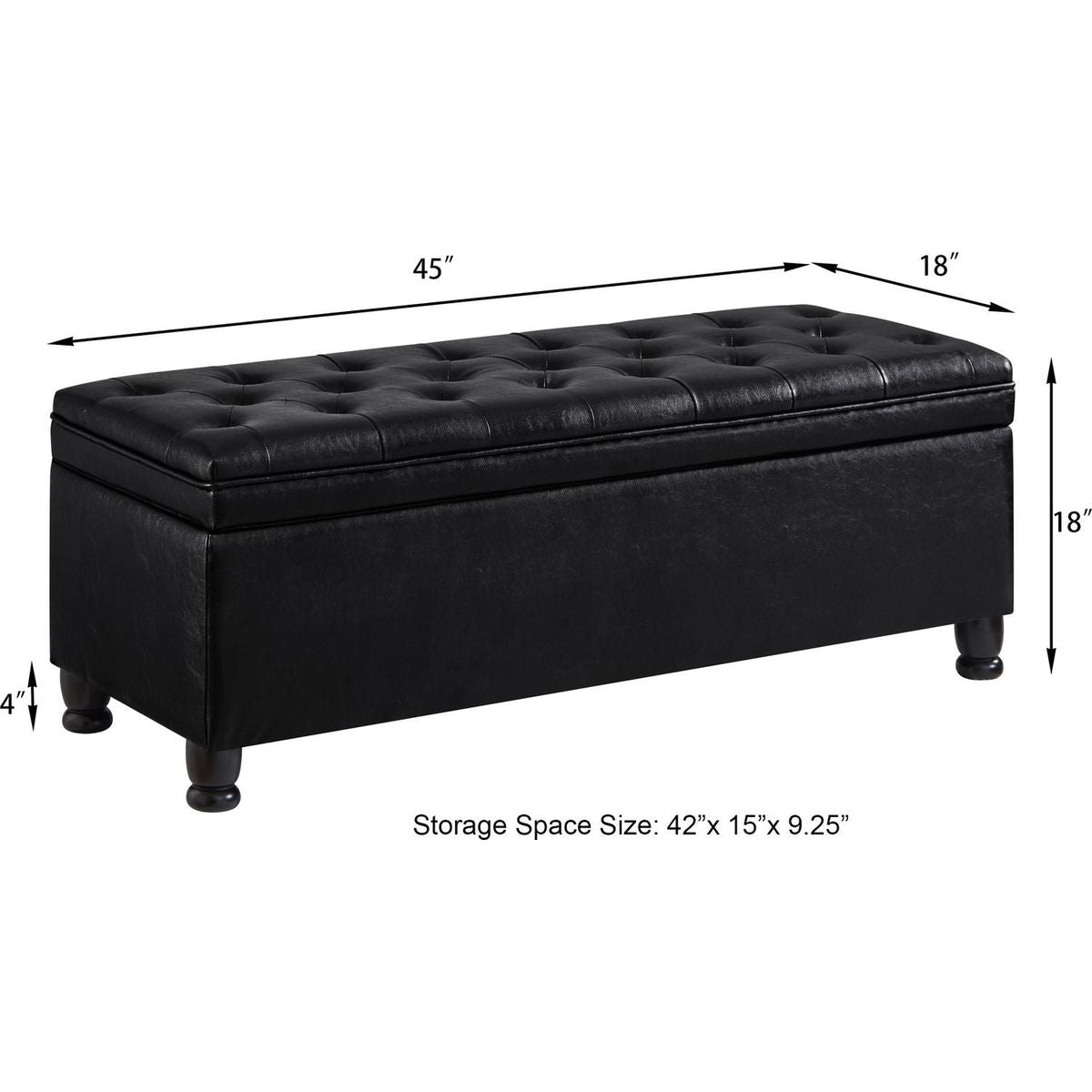 Upholstered tufted button storage bench, Faux leather entry bench with spindle wooden legs, Bed bench- Black