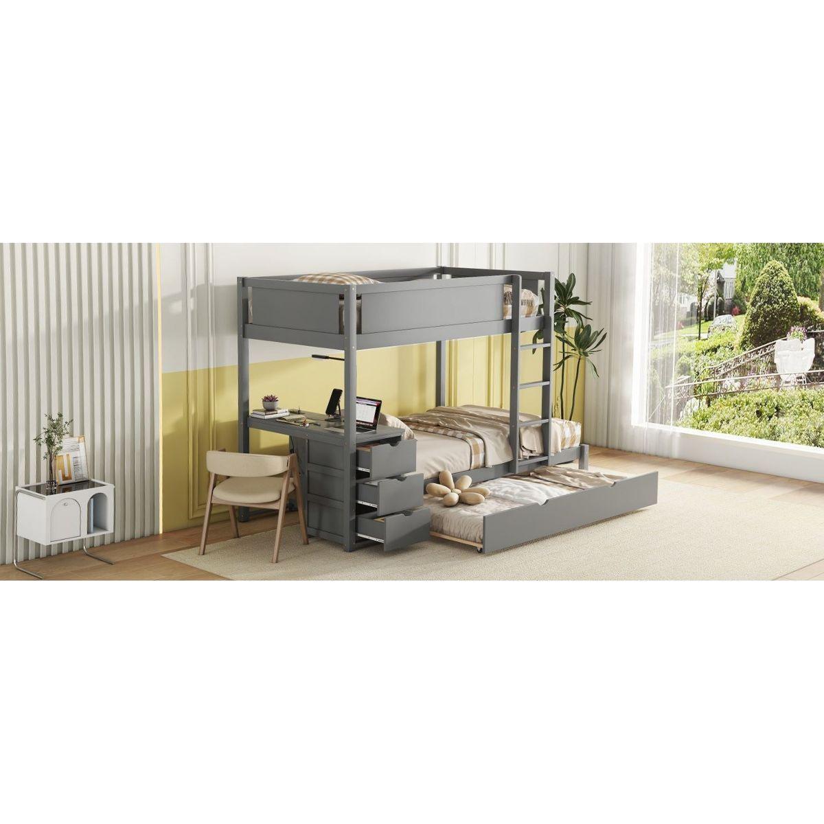 Twin-Over-Twin Bunk Bed with Twin size Trundle, Storage and Desk, Gray