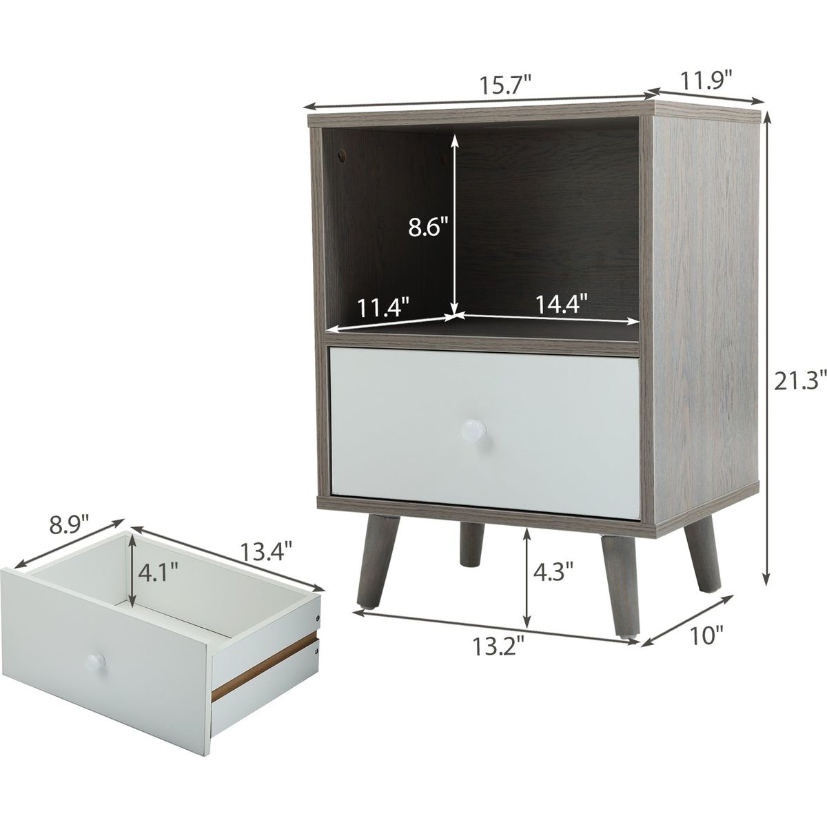 Set of 2 Low foot bedside table with drawer storage compartment - gray