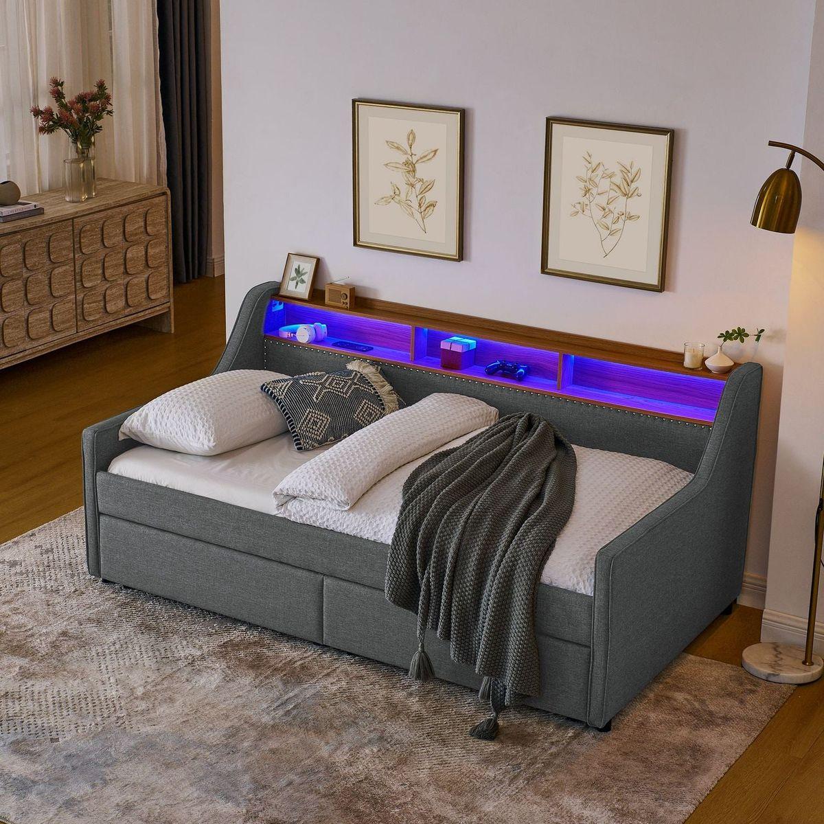 Twin Size Upholstery Sofa Bed with Three LED lights, with Storage Adjustable Headboard, with Two Storage Pull Up drawers and Wireless Charging, Linen Padded Sofa Bed frame, Grey