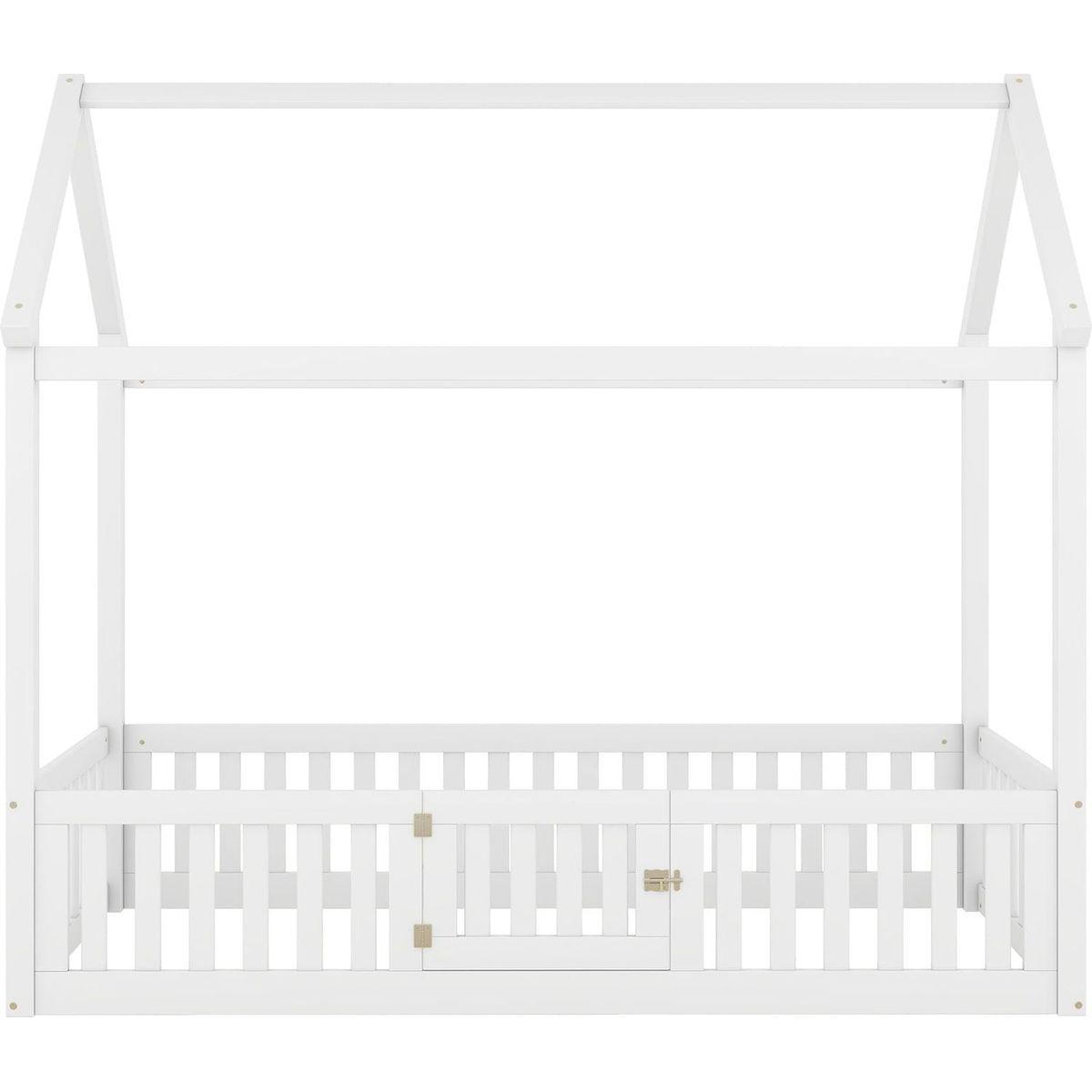 Twin Size Wood House Bed with Fence and Door, White