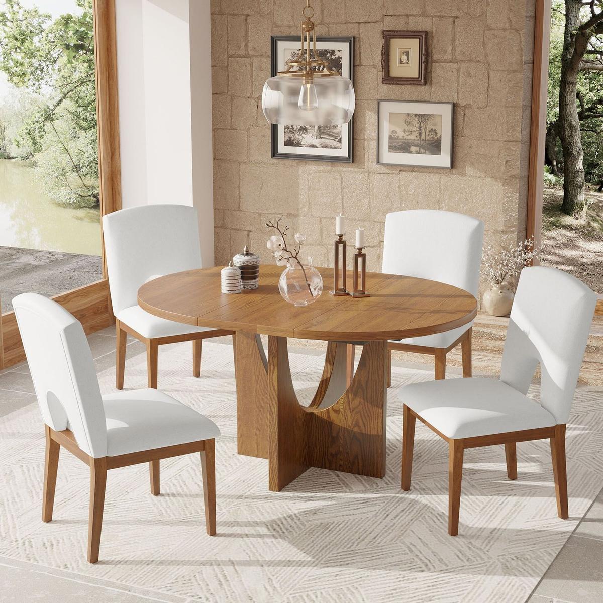 Modern 5-Piece Extendable Round Dining Table Set with 16.2inch Removable Leaf for Small Places, Walnut+Beige