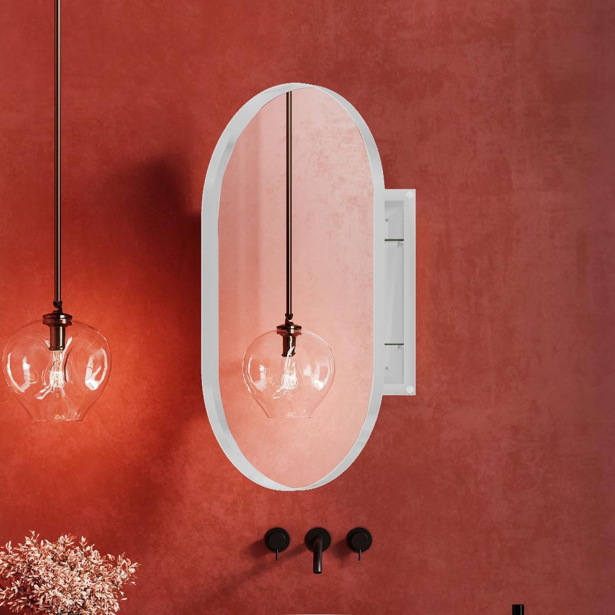 20x34 Inch Oval Recessed Medicine Cabinet, Metal Framed Bathroom Wall Cabinet with Mirror and Adjustable Shelves, Wall Mirror with Storage for Bathroom, White