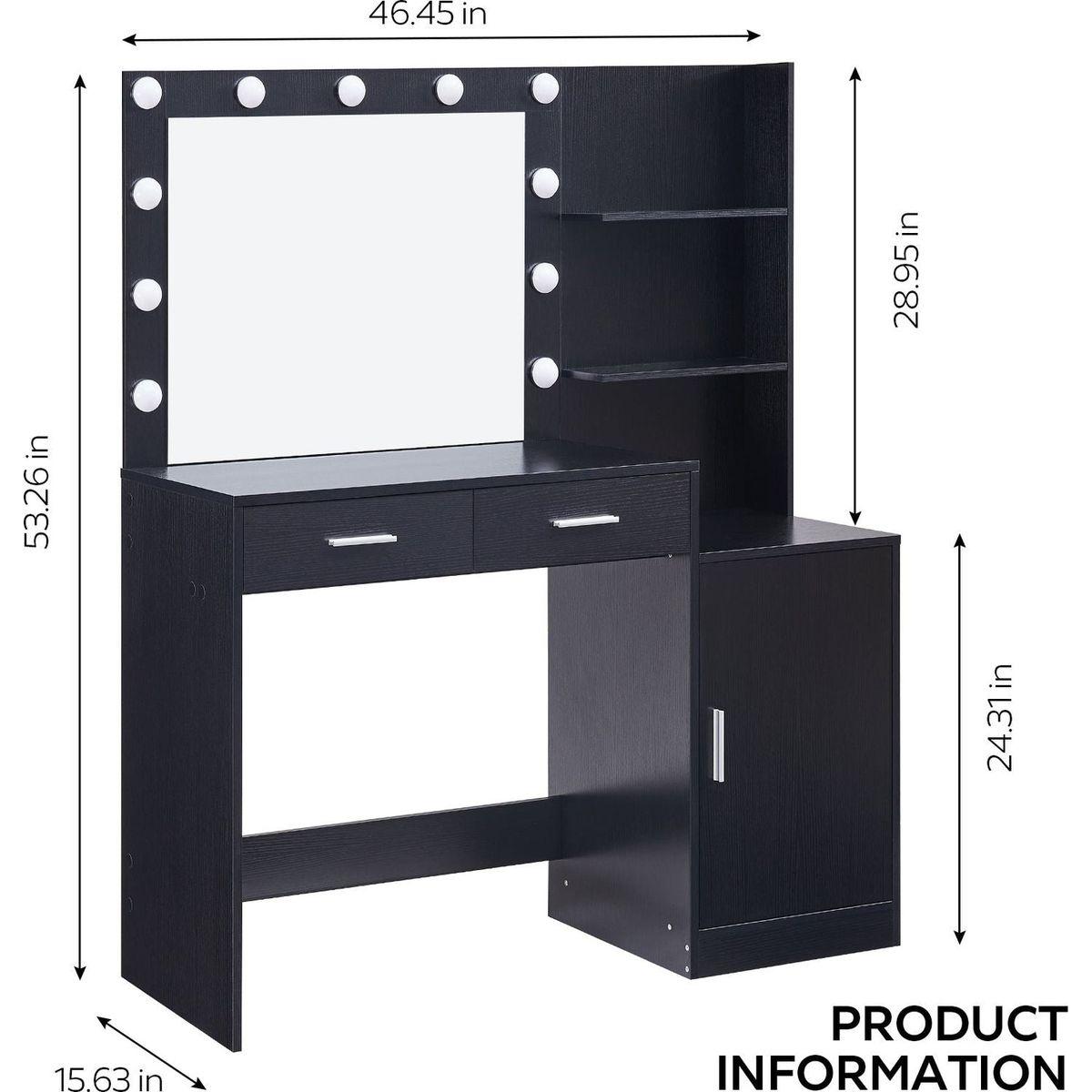 Vanity Desk with Mirror and Lights, 46.4IN Dressing Table with 2 Large Drawer&Large Vertical Organizer, 3 Level Dresser & 3 Lighting Modes Adjustable Brightness, Suitable for Bedroom(Black)