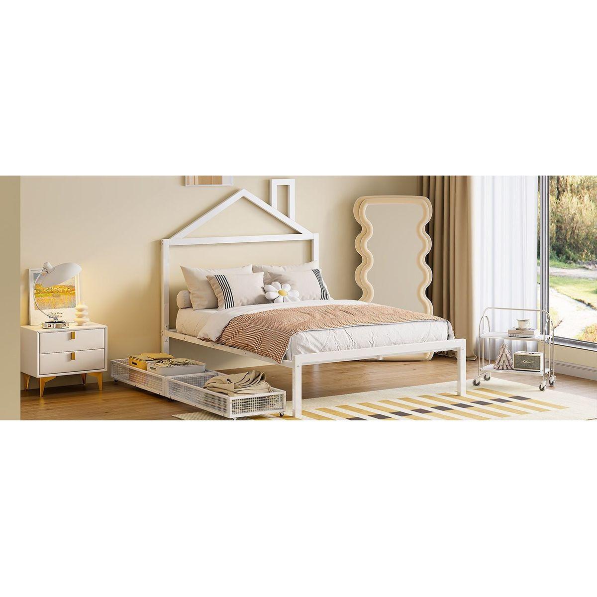 Full Size Metal Platform Bed with two drawers,House-Shaped Headboard Design, White