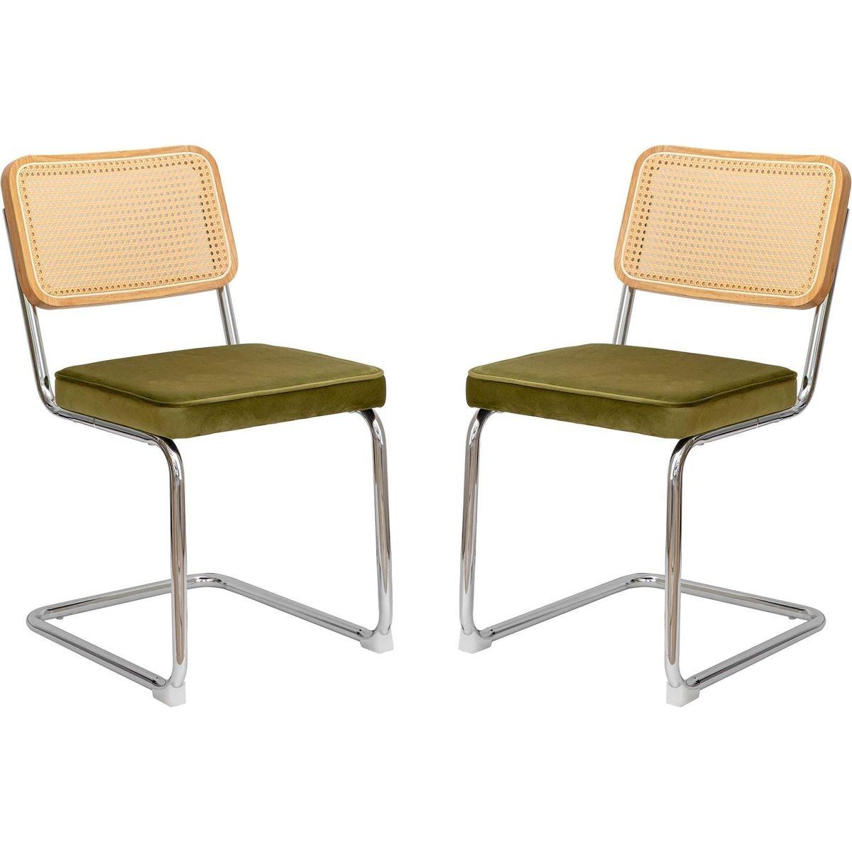 Dining Chairs Set of 2, Velvet Rattan Side Accent Chairs with Chrome Legs, Modern Mid Century Breuer Designed Chairs, Upholstered Dining Living Room Kitchen Chairs (Olive Green-2pcs)