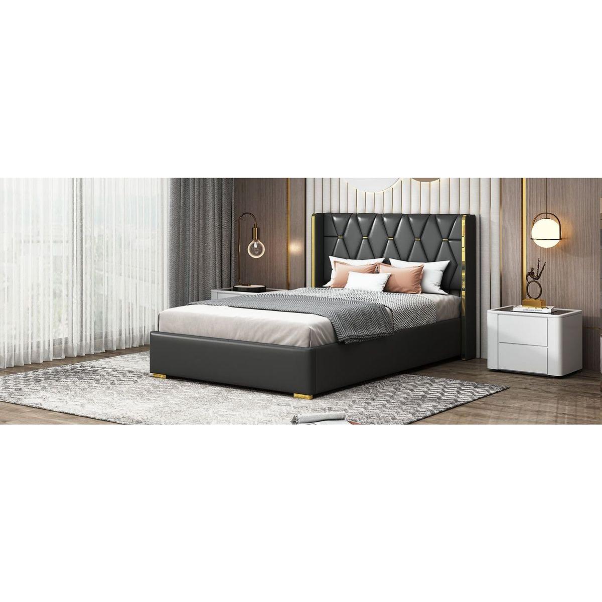 Full Size Upholstered Platform Bed with Metal Strips, Black