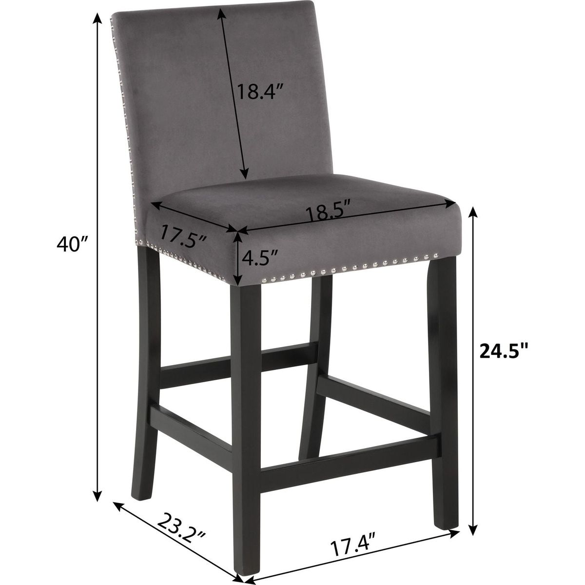 Cobre Contemporary Velvet Counter Stool with Nailhead Trim, Set of 2, Gray