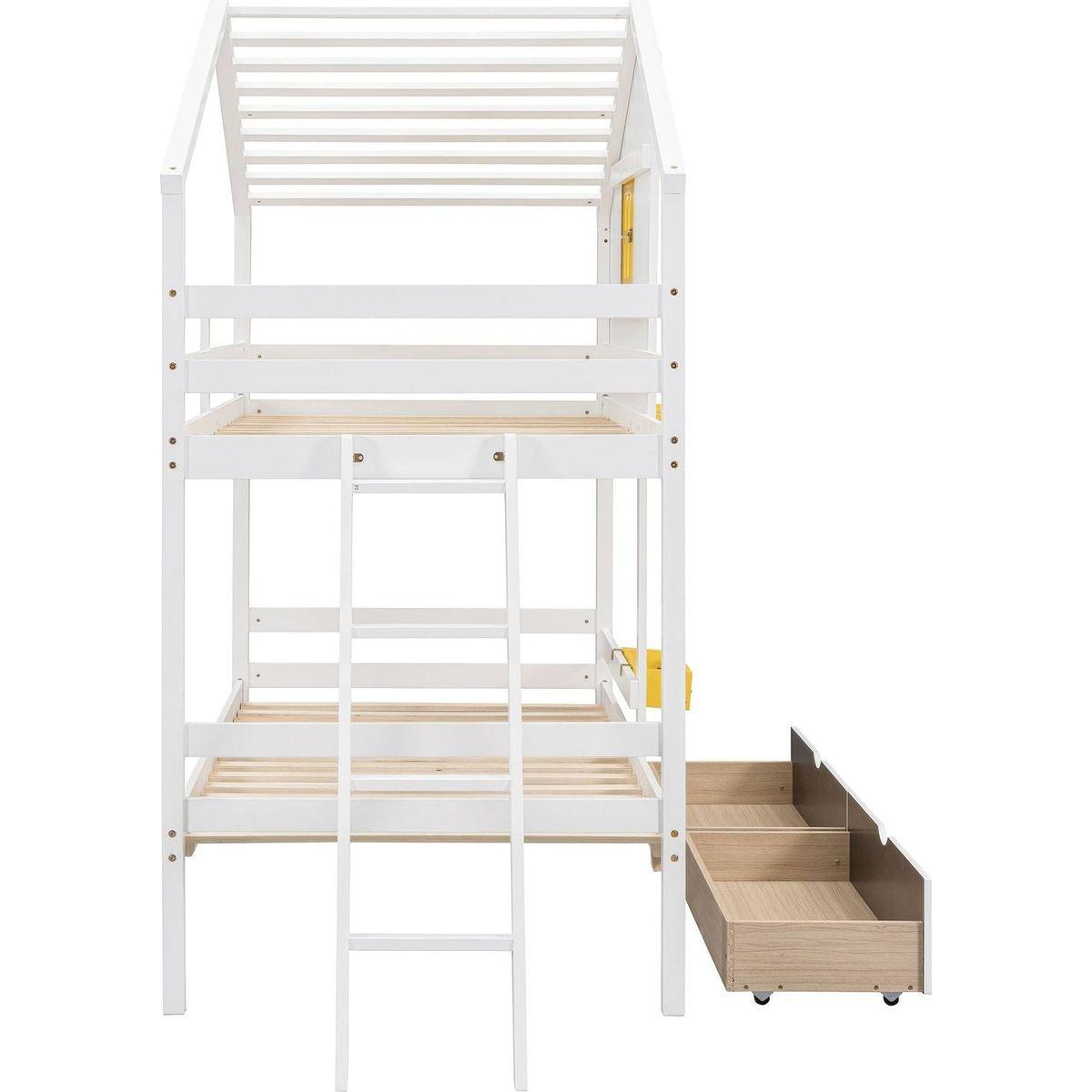 Twin over Twin Bunk Bed with 2 Drawers, 1 Storage Box, 1 Shelf, Window and Roof-White