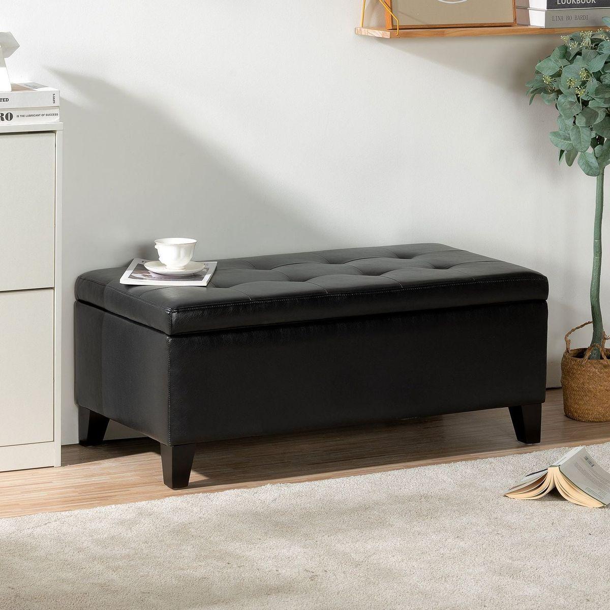 Storage Ottoman with Wooden Legs, Faux Leather Ottoman with Storage for Living Room, Bedroom & Hallway, Ottoman Foot Rest, 38.4" Black Ottoman