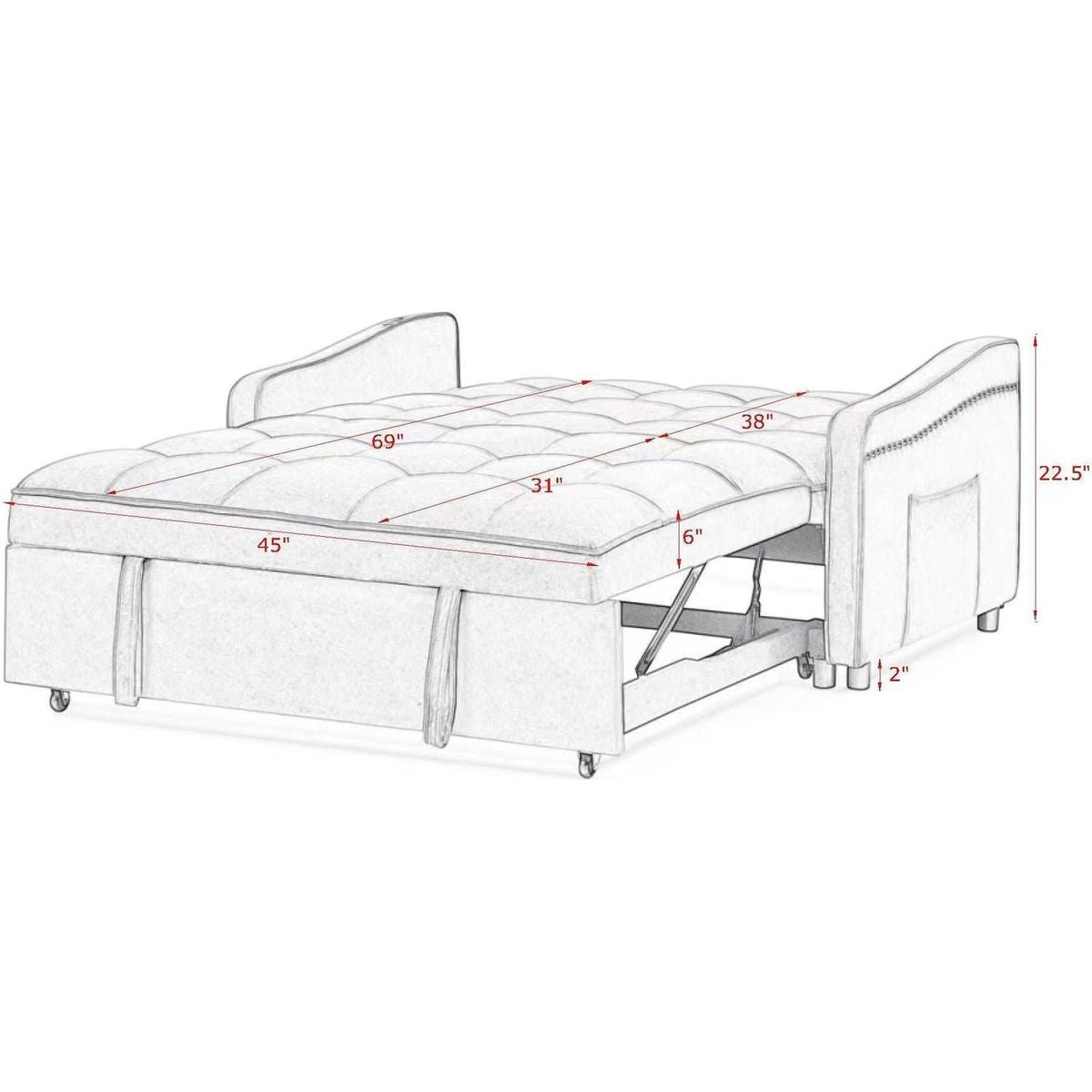 Loveseats Sofa Bed with Pull-out Bed,Adjustable Back and Two Arm Pocket,TypeC and USB Charging with Copper nail,Grey (47"x53"x31")