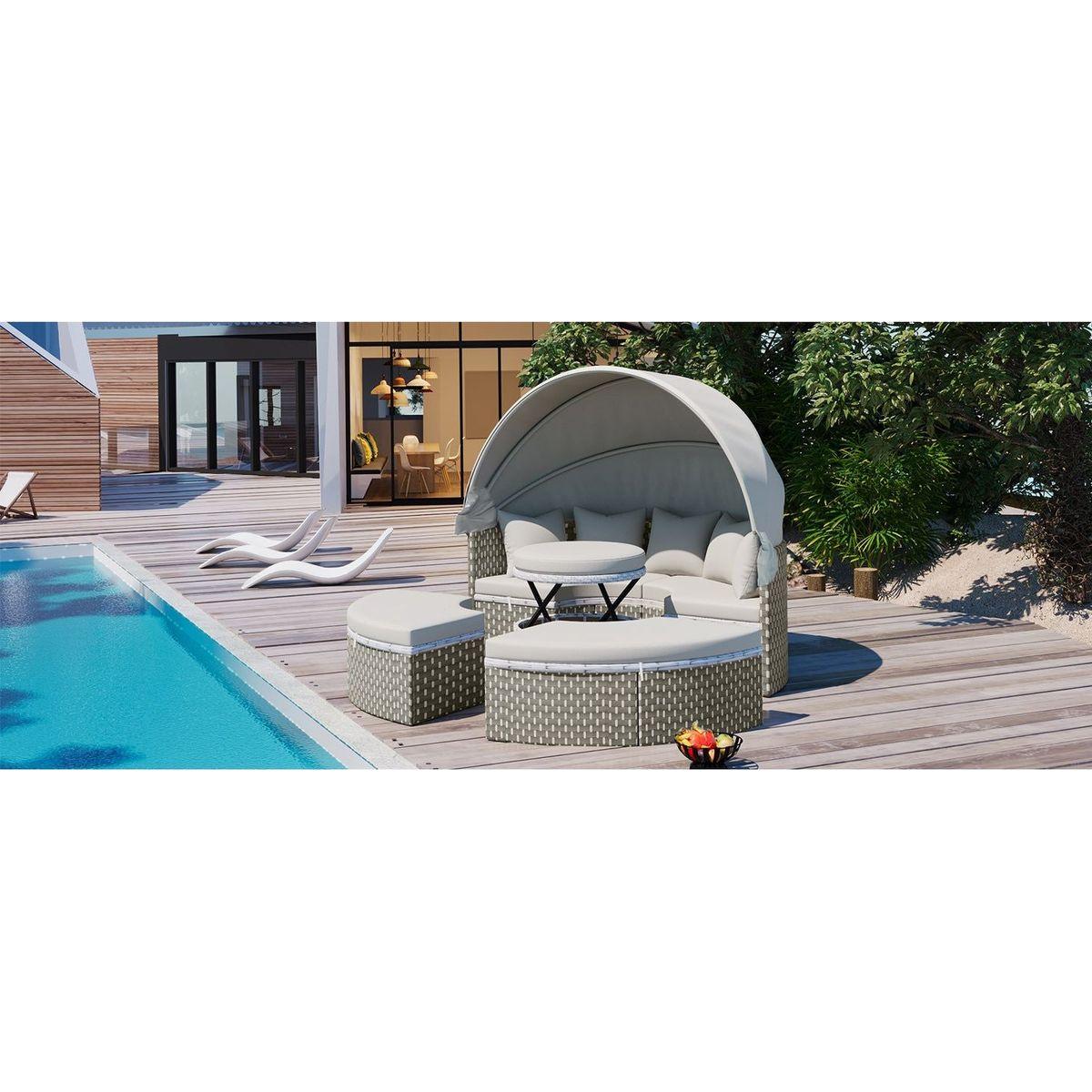 Patio Furniture Round Outdoor Sectional Sofa Set Rattan Daybed Two-Tone Weave Sunbed with Retractable Canopy, Separate Seating and Removable Cushion, Gray