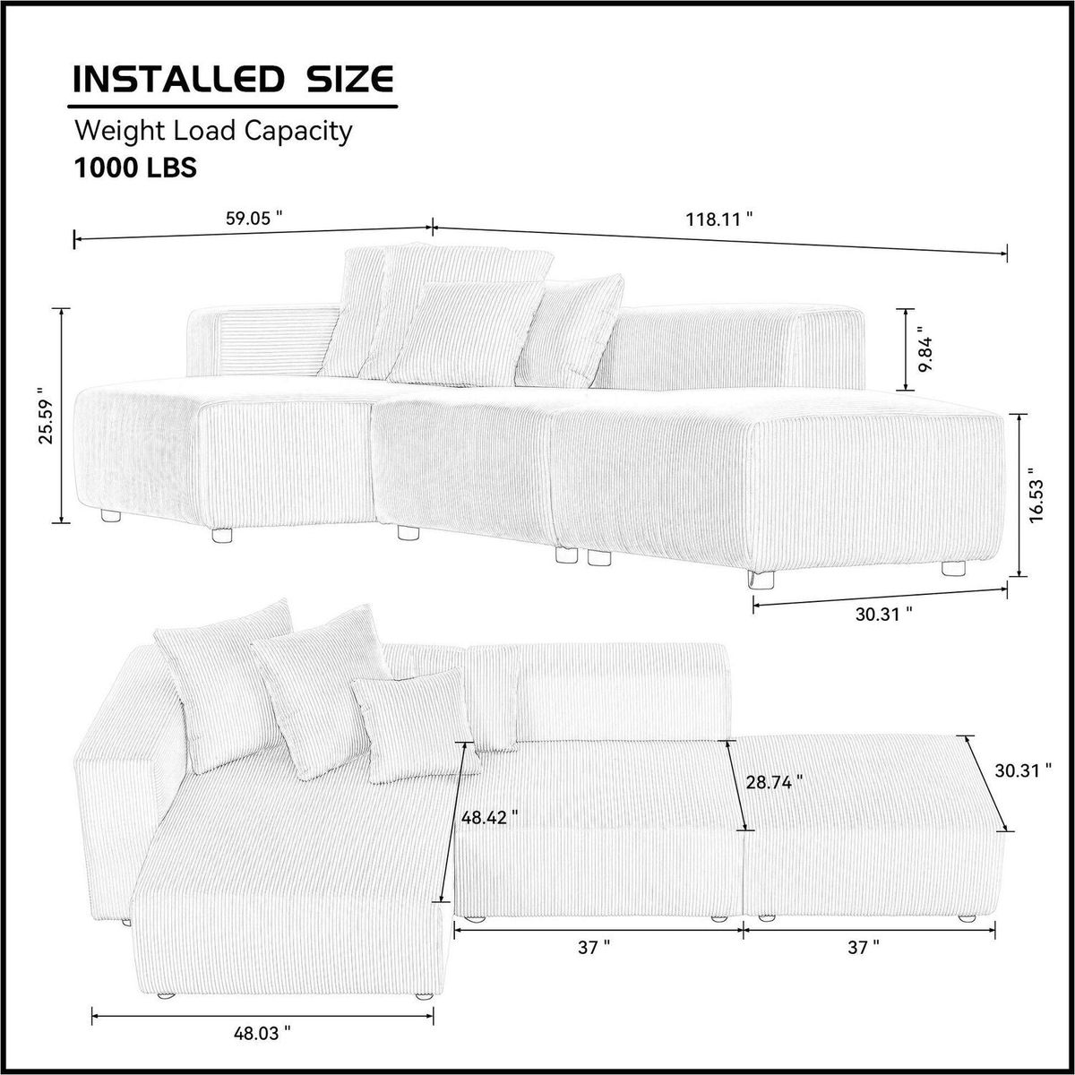 Soft Corduroy Sectional Modular Sofa Set, Small L-Shaped Chaise Couch for Living Room, Apartment, Office, Gray