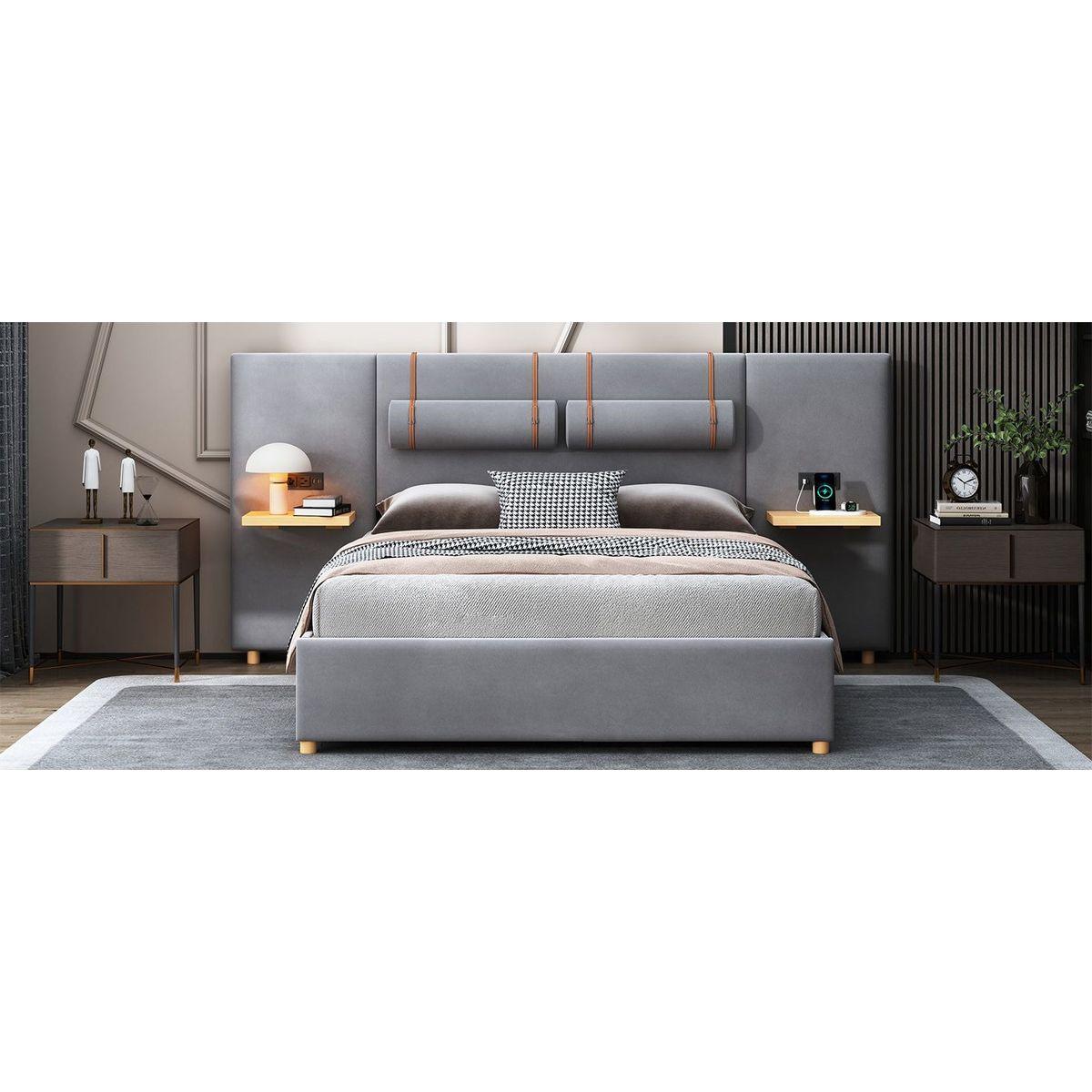 Queen Upholstered Platform Bed, Two Outlets and USB Charging Ports on Both Sides, Two Bedside Pillows, Storage Shelves, Velvet,Gray