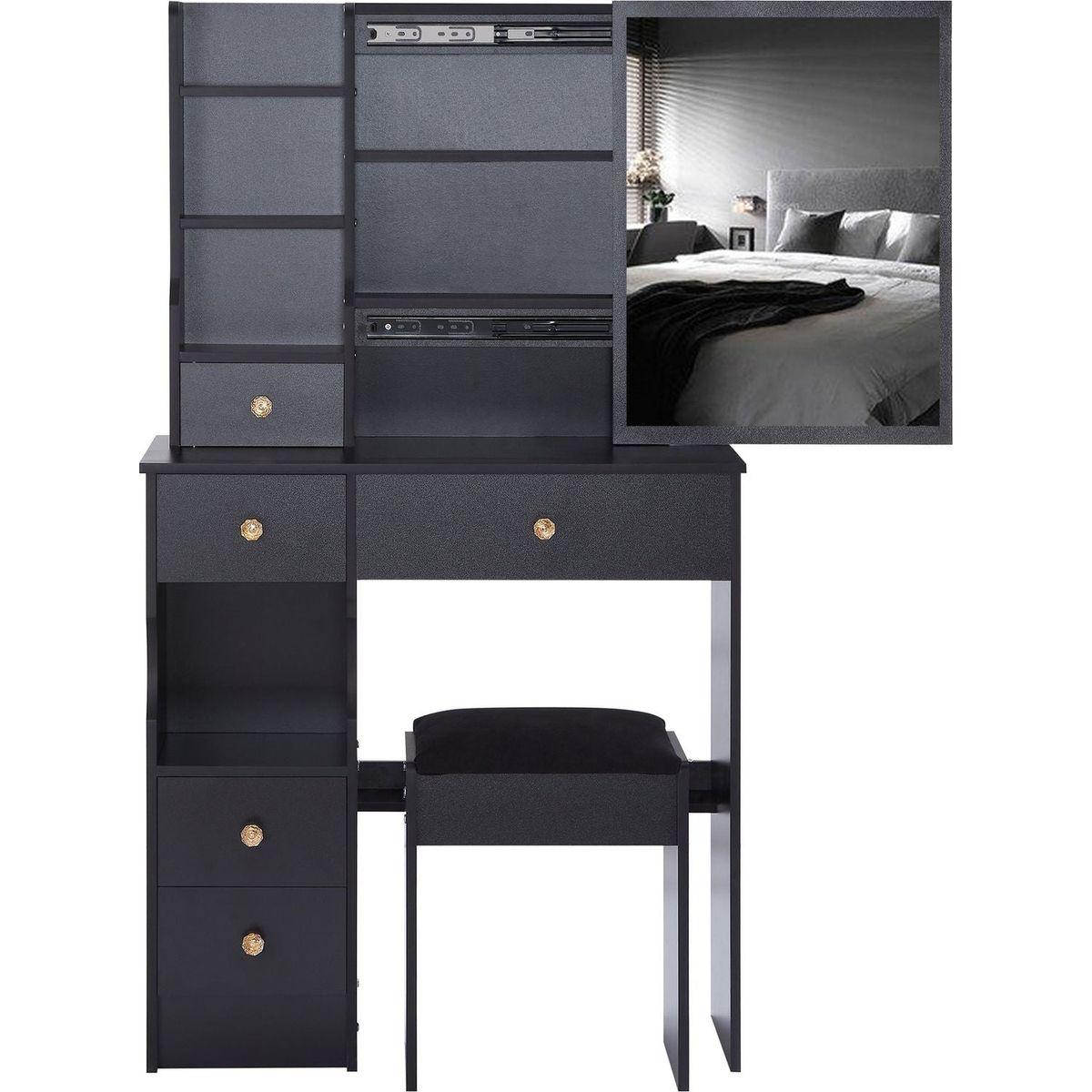 Small Size Left Drawer Desktop Vanity Table + Cushioned Stool, Extra Large Sliding Mirror, Multi Layer, High Capacity Storage Fashionable Dresser, Suitable for Small Space, EPA,GCC,UL Certificate
