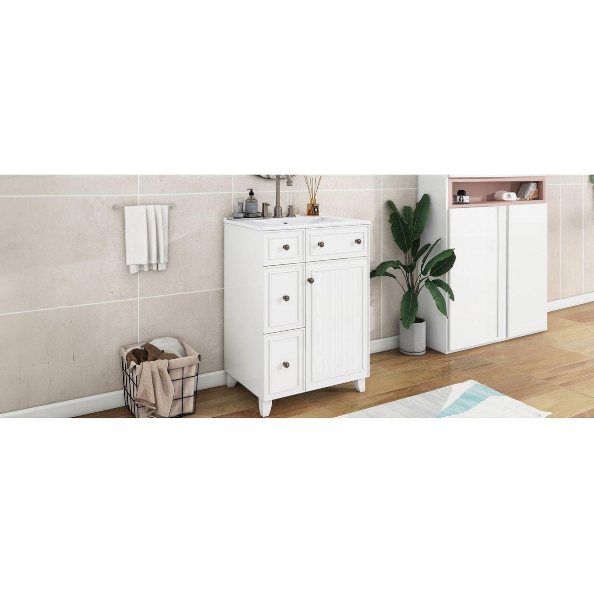 24-Inch Bathroom Vanity Cabinet with Ceramic Sink, 2 Drawers, 1 Door