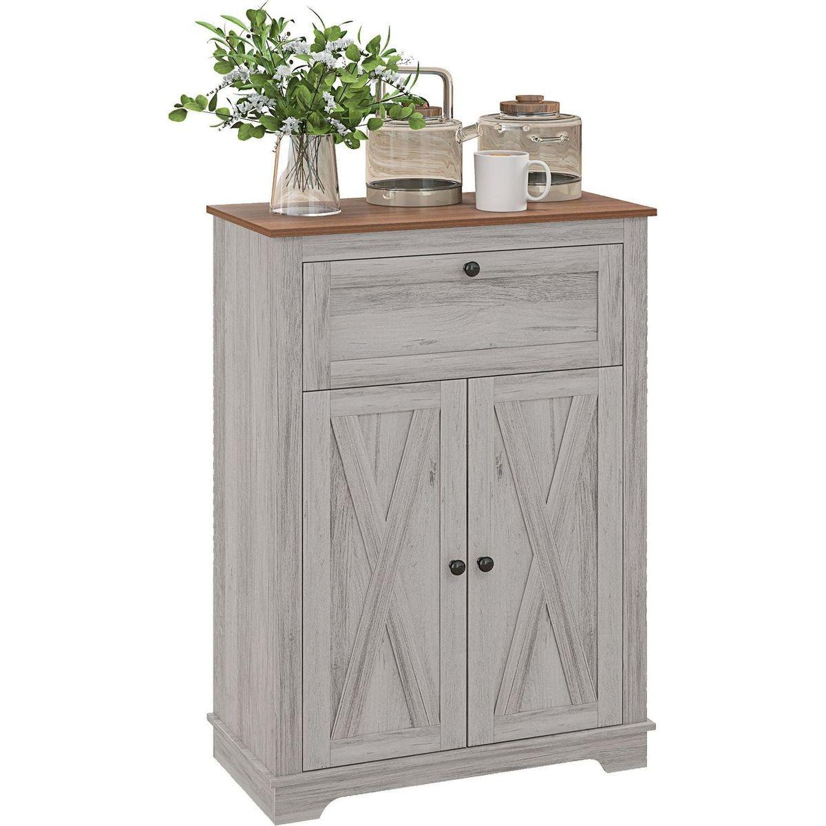 Farmhouse Barn Door Accent Cabinet, Kitchen Sideboard Storage Cabinet with Double Doors, Drawer, and Adjustable Shelf for Bedroom, Living Room, Light Gray