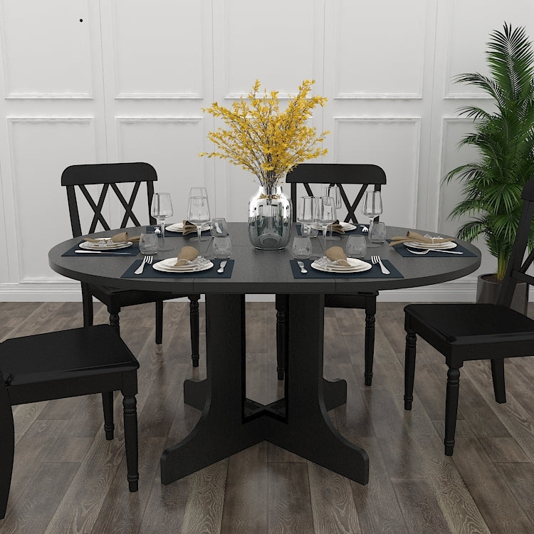 Dining Table for Farmhouse Kitchen 59x43 Inch Expandable Oval Table Top with Removable Leaf Trestle X Shaped Base Black