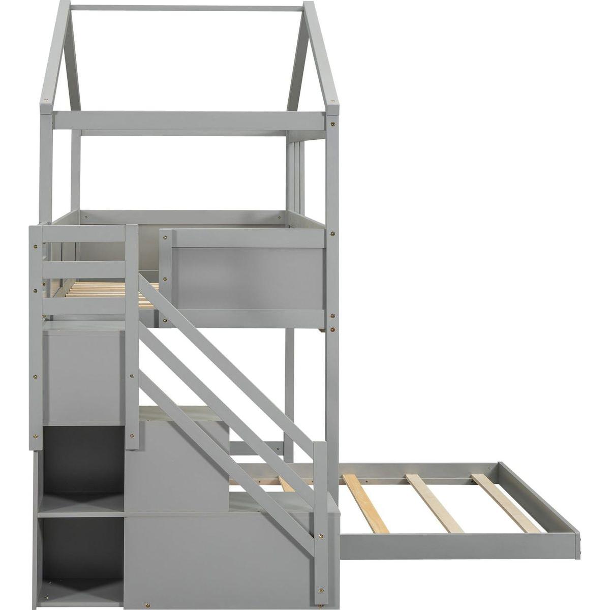 Twin over Full House Bunk Bed with Storage Staircase and Blackboard,Gray