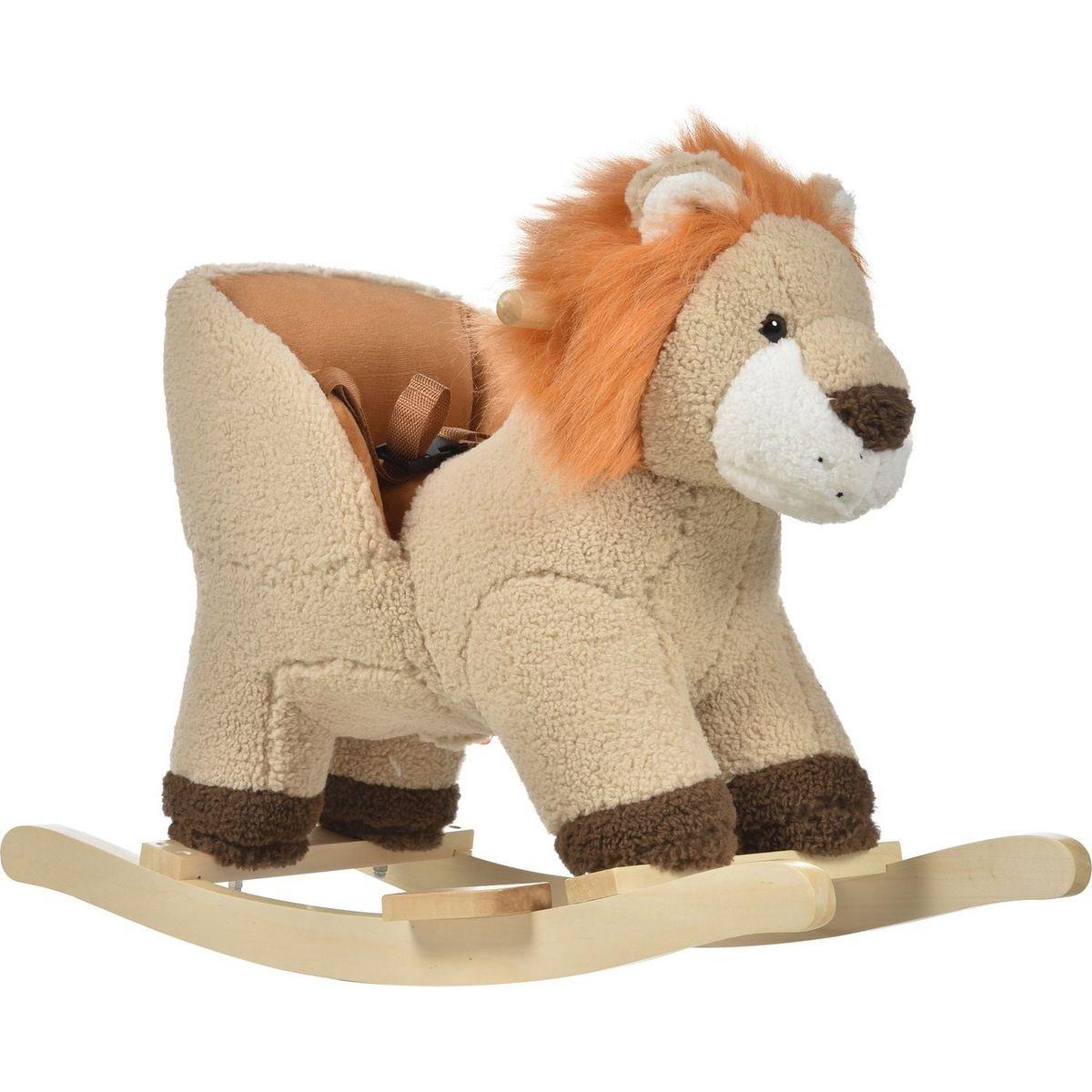Qaba Baby Rocking Horse Lion with Sound, Plush Stuffed Rocking Animals, Wooden Rocking Horse with Seat Belt for 18-36 Months Boys and Girls Gift, Brown