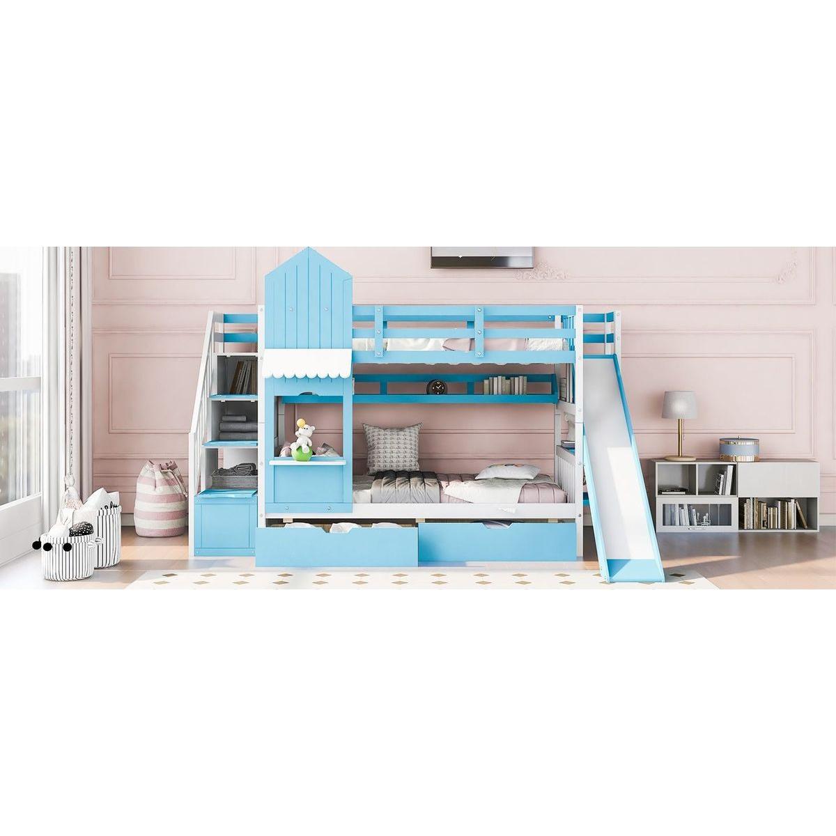 Twin-Over-Twin Castle Style Bunk Bed with 2 Drawers 3 Shelves and Slide - Blue