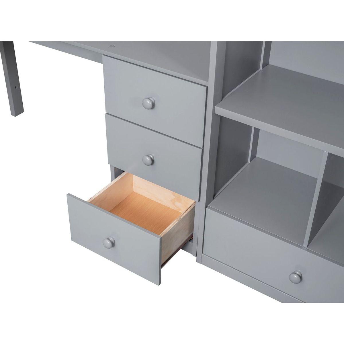 Twin Size Loft Bed with L-Shaped Desk and Drawers, Cabinet and Storage Staircase, Gray