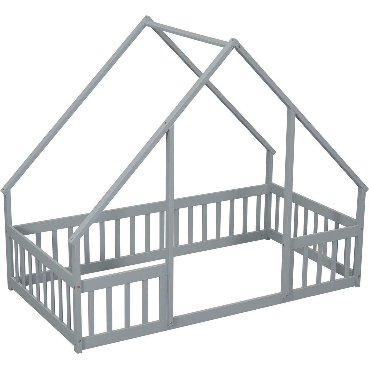 Twin Wood House-Shaped Floor Bed with Fence, Guardrails, Grey