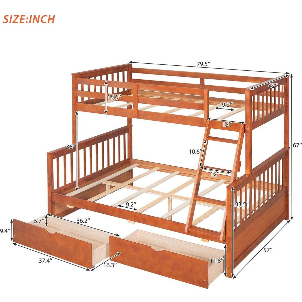 Twin-Over-Full Bunk Bed with Ladders and Two Storage Drawers (Walnut) { o
