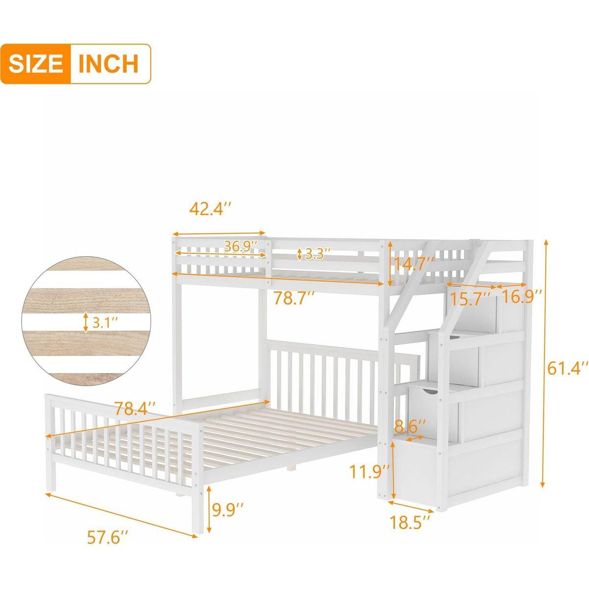 Twin over Full Loft Bed with Staircase,White